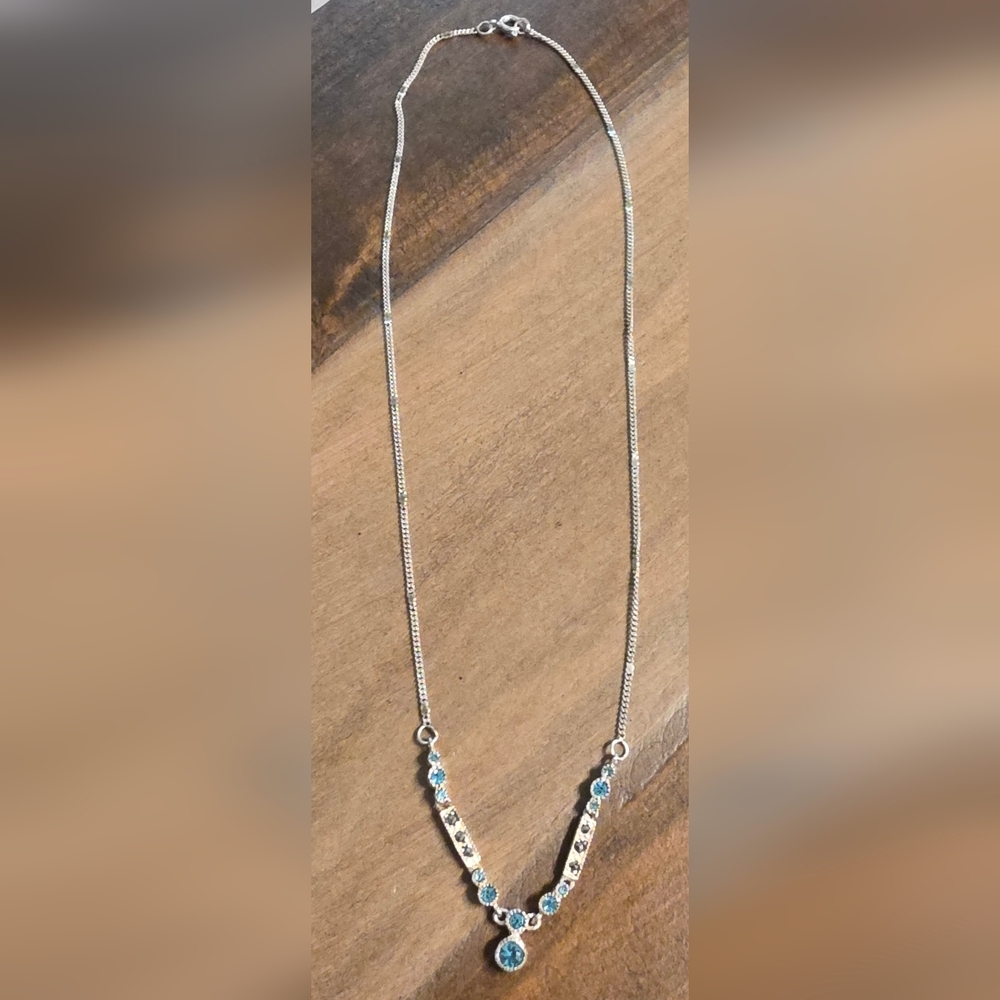 VINTAGE ANTIQUE STERLING 925 SKY BLUE TOPAZ AND MARCASITE NECKLACE 16 IN - Picture 2 of 5